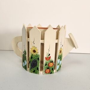Vintage Handpainted Watering Can Plant Planter Wood Cottagecore Farmhouse Cute